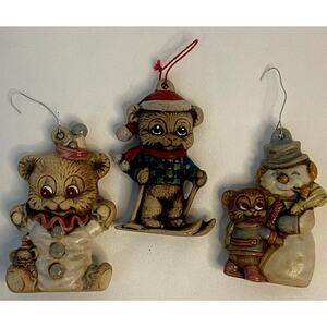 Lot of 3 Vintage‎ Christmas Bear Ornaments Ceramic Ski Snowman Clown 80s